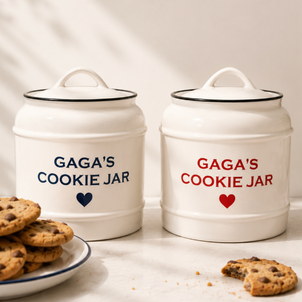 Two white cookie jars labeled 'Gaga's Cookie Jar' with heart designs on a light background.