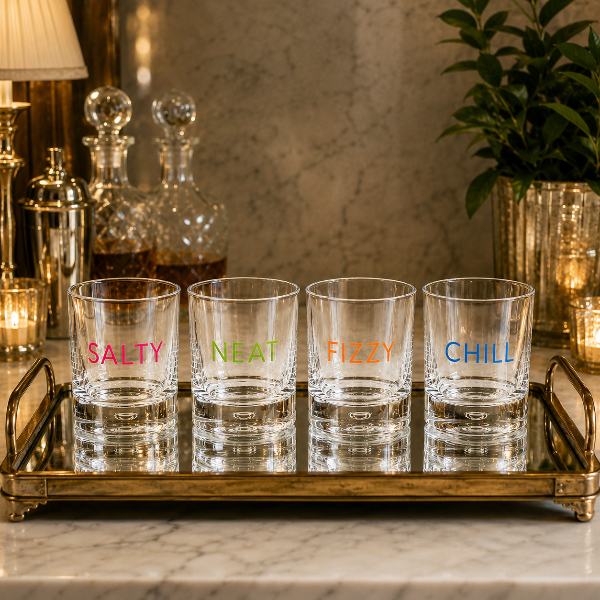Four clear lowball glasses with colorful text reading 'SALTY', 'NEAT', 'FIZZY', and 'CHILL' in pink, green, orange, and blue, arranged on a gold-toned tray in a warmly lit bar setting.