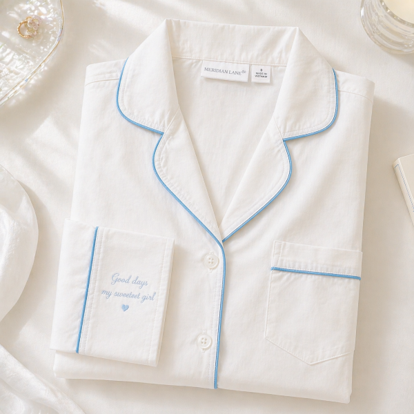 White pajama top with blue piping on a white background