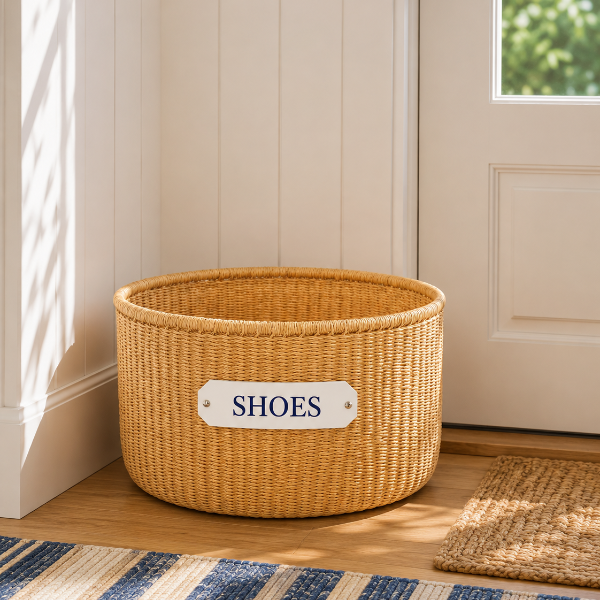 Wicker shoe storage basket with a 'SHOES' label on a wooden floor.