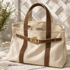 Beige handbag with brown straps on a surface with text