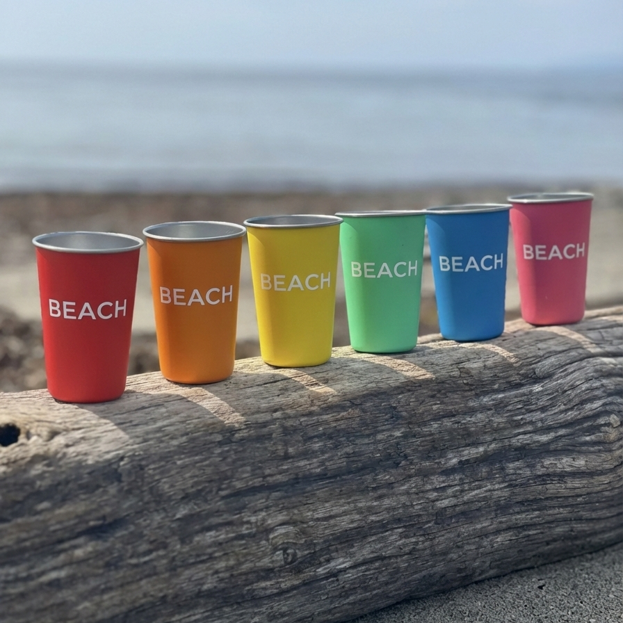 Colorful cups labeled 'BEACH' on a wooden log at the beach.
