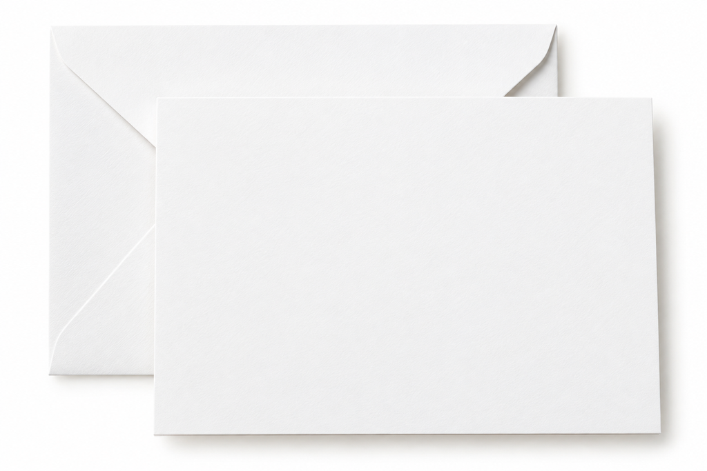 A blank white rectangular card or paper sheet placed in front of a matching white envelope on a clean white background.