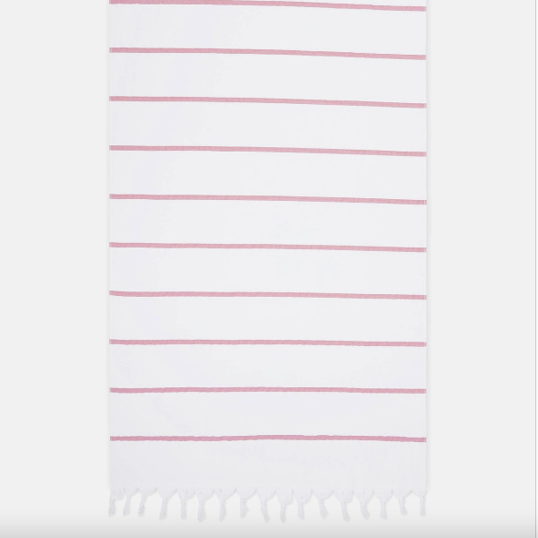 White towel with pink stripes on a white background