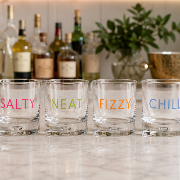 Four clear rocks glasses on a marble bar counter, each printed with a different word in colored lettering: 'SALTY' in pink, 'NEAT' in green, 'FIZZY' in orange, and 'CHILL' in blue. Bottles of liquor and a plant are blurred in the background.