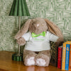 Stuffed bunny toy wearing a shirt with text on a wooden surface against a green patterned wall.