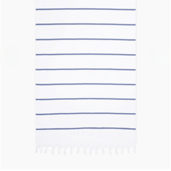 White towel with blue stripes and 'Bath & Body Works' branding