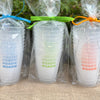 A set of shatterproof plastic cups with 'ROADIE' printed on them, packaged in clear plastic, with each cup tied with a ribbon in different colors.
